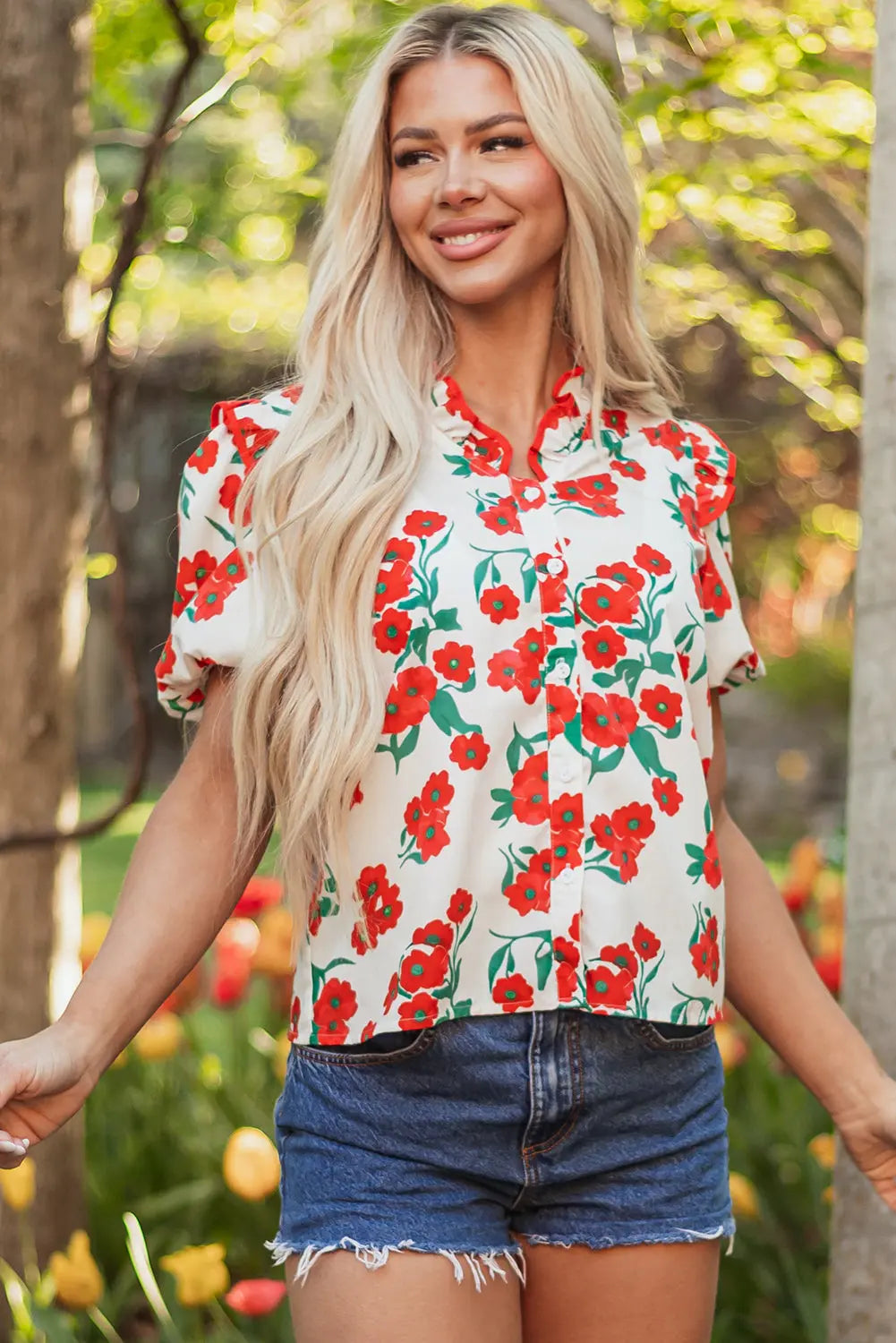 Amyra Floral Puff Sleeve Blouse Threaded Pear