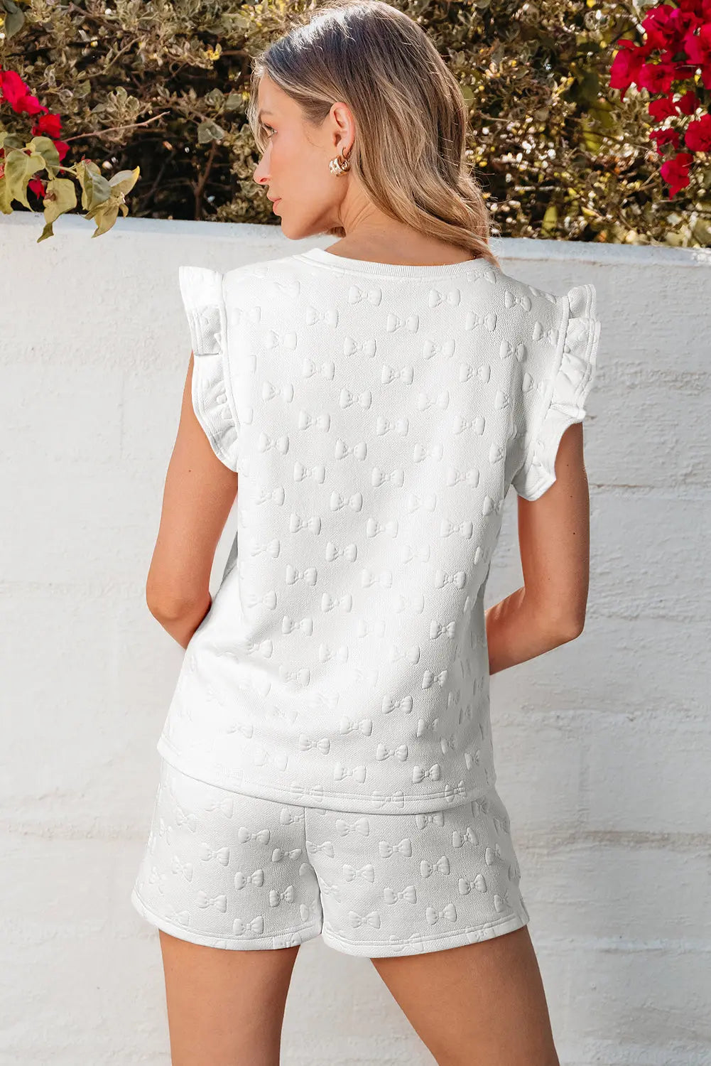 Ocean Bow Jacquard Ruffle Sleeve Short 2pcs Outfit Threaded Pear