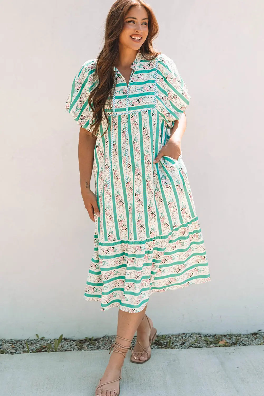 Billie Striped Floral Tie Split Neck Puff Sleeve Midi Dress Threaded Pear