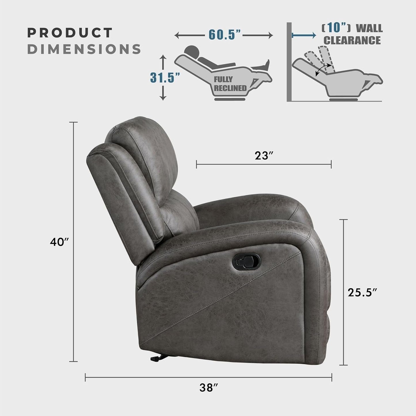 Grey Rocker Recliner Chair With Manual Recline Living Room ShipItFurniture