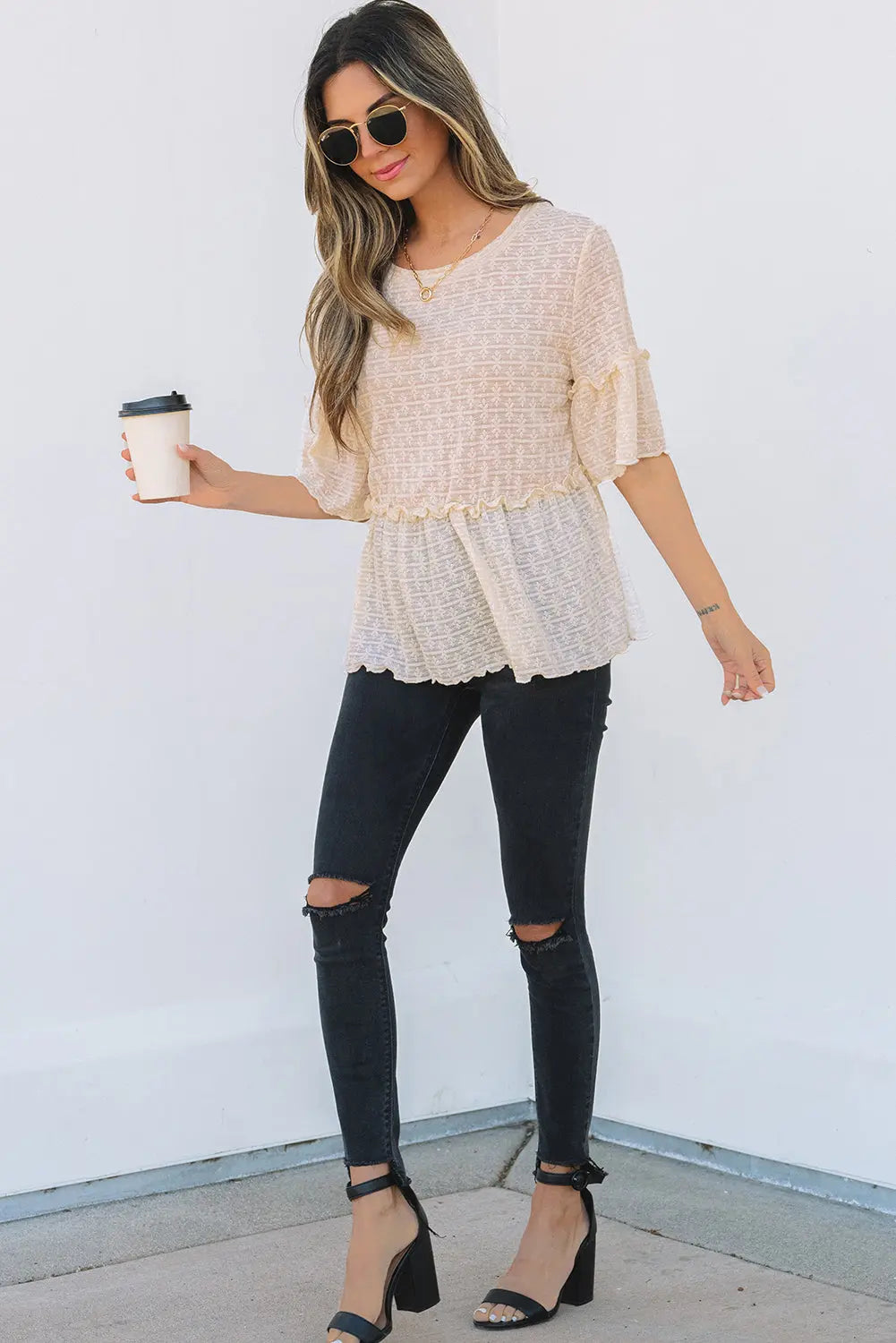 Oaklyn Textured Ruffled Short Sleeve Blouse Threaded Pear