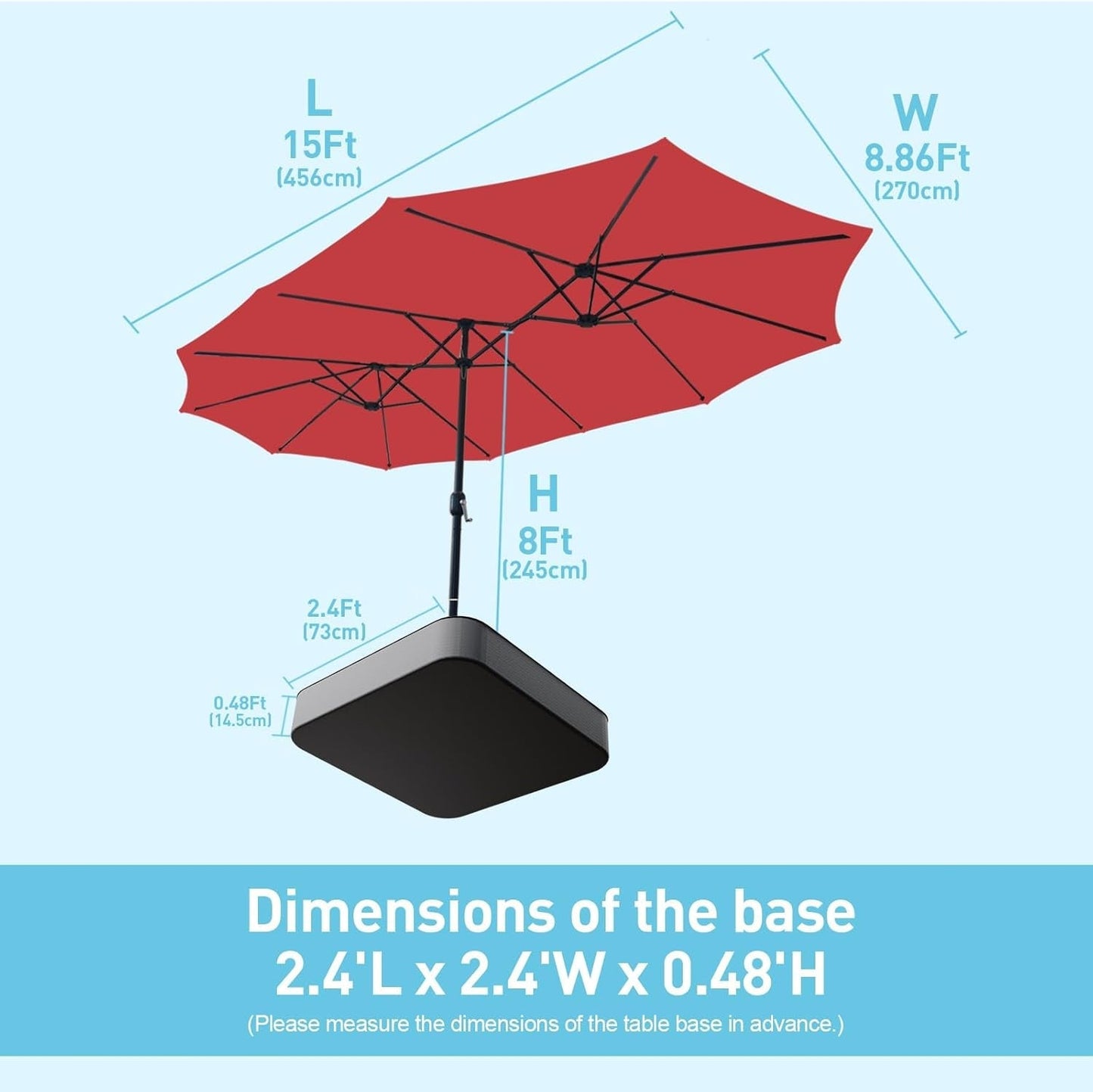 15ft Double Sided Patio Umbrella with Base Red ShipItFurniture