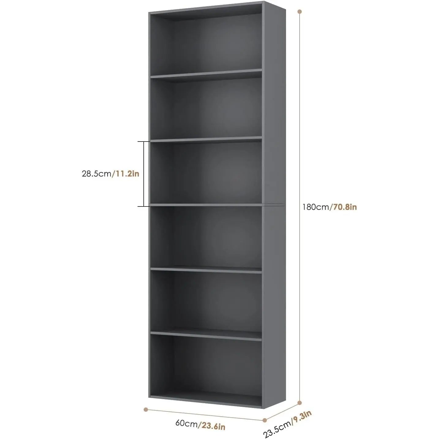 Six Tier Open Bookcase Freestanding Dark Gray Storage ShipItFurniture