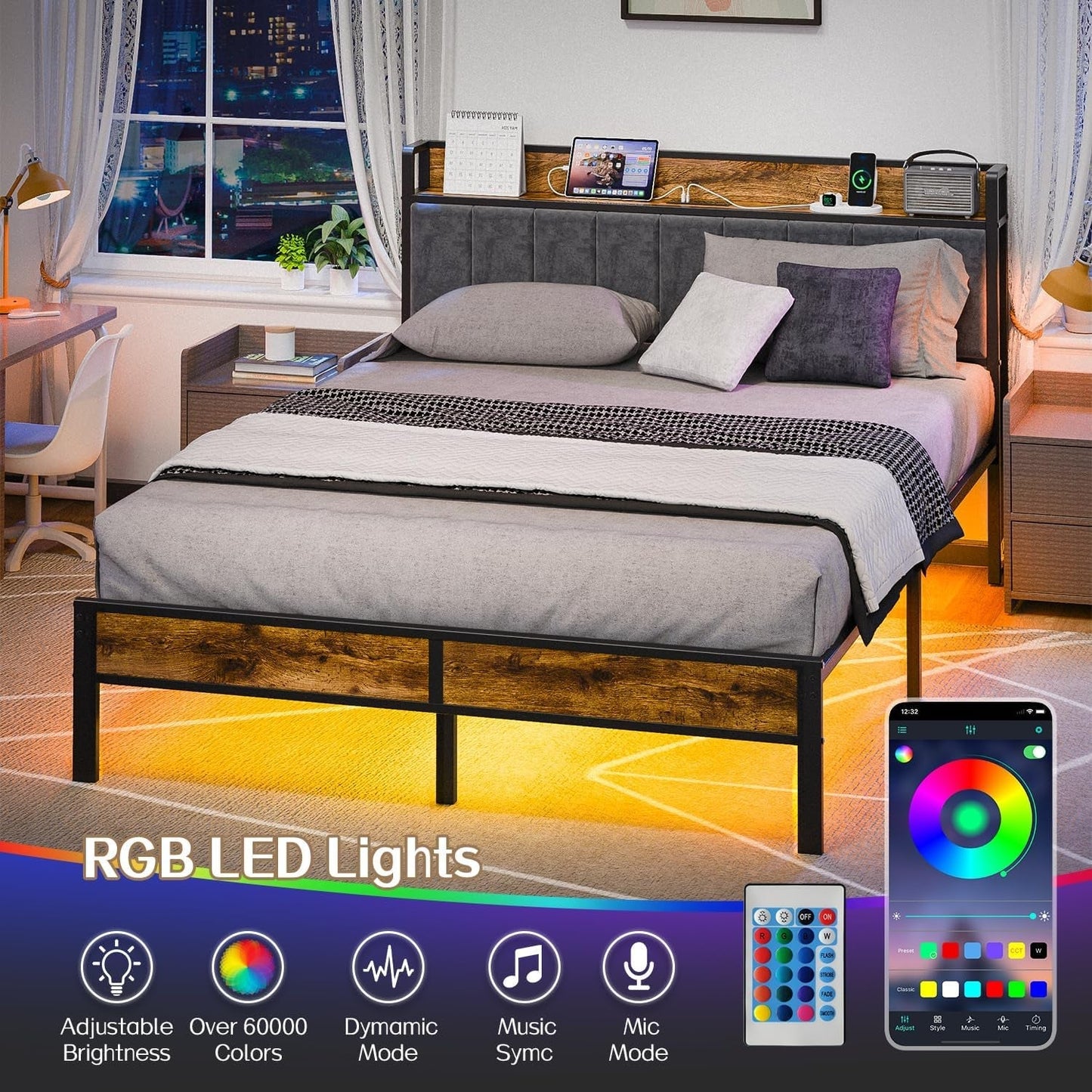 Queen Bed Frame With USB Charging LED Illumination ShipItFurniture