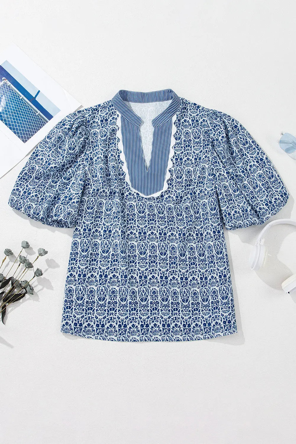 Alayah Floral Striped Ric-rac Puff Sleeve Top Threaded Pear