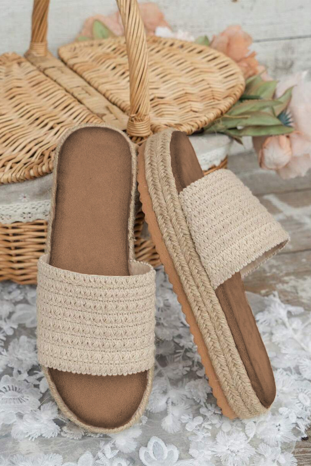 White Boho Woven Non-slip Wedge Slippers Threaded Pear