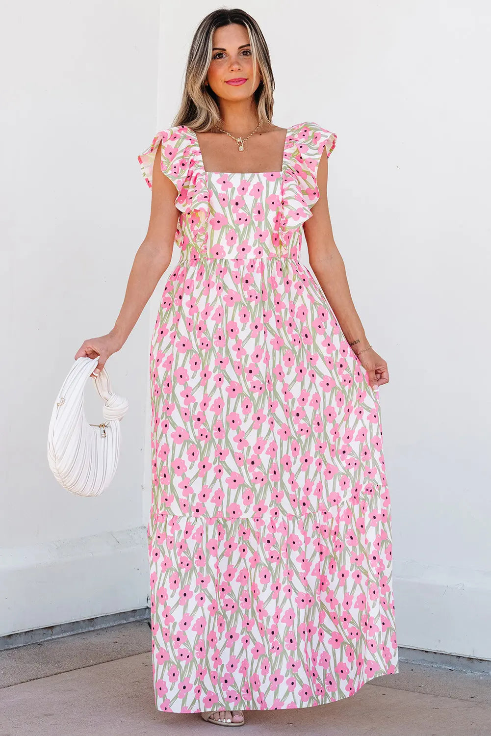 Angelica Floral Ruffled Strap Maxi Dress Threaded Pear
