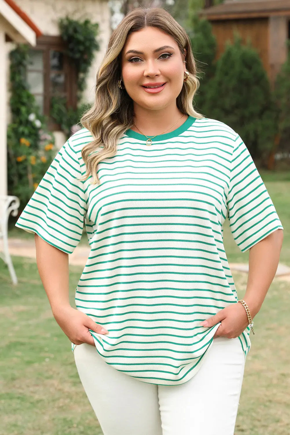 Collins Plus Size Stripe Top Threaded Pear