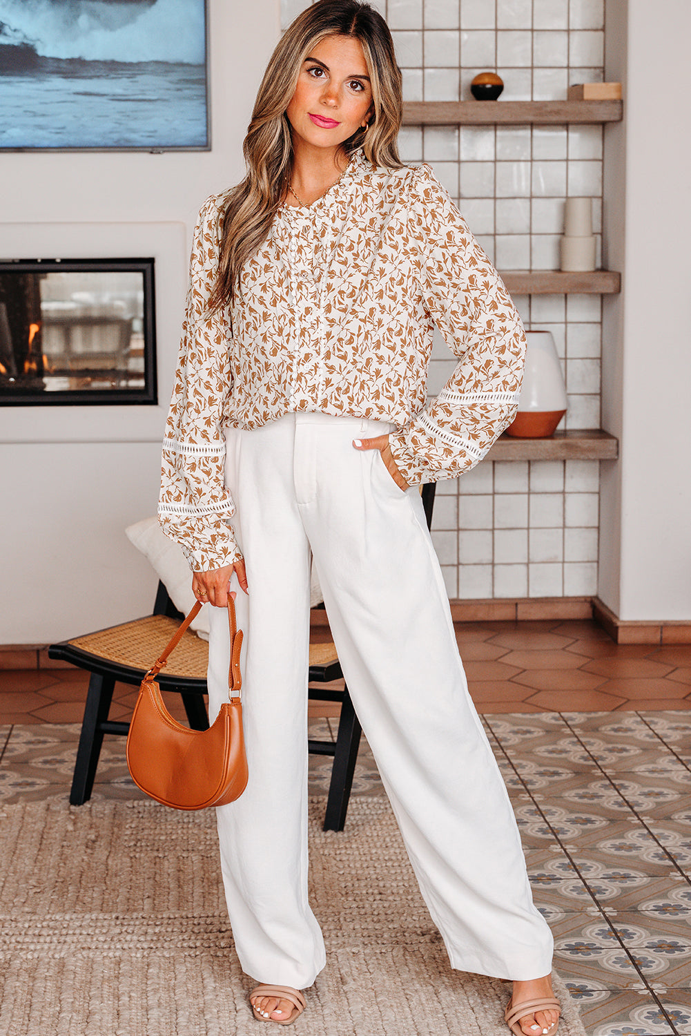 Melanie Lace Floral Puff Sleeve Top Threaded Pear