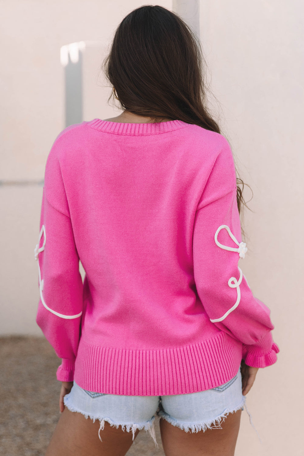 Corded Flower Bow Ribbed Trim Casual Sweater Threaded Pear