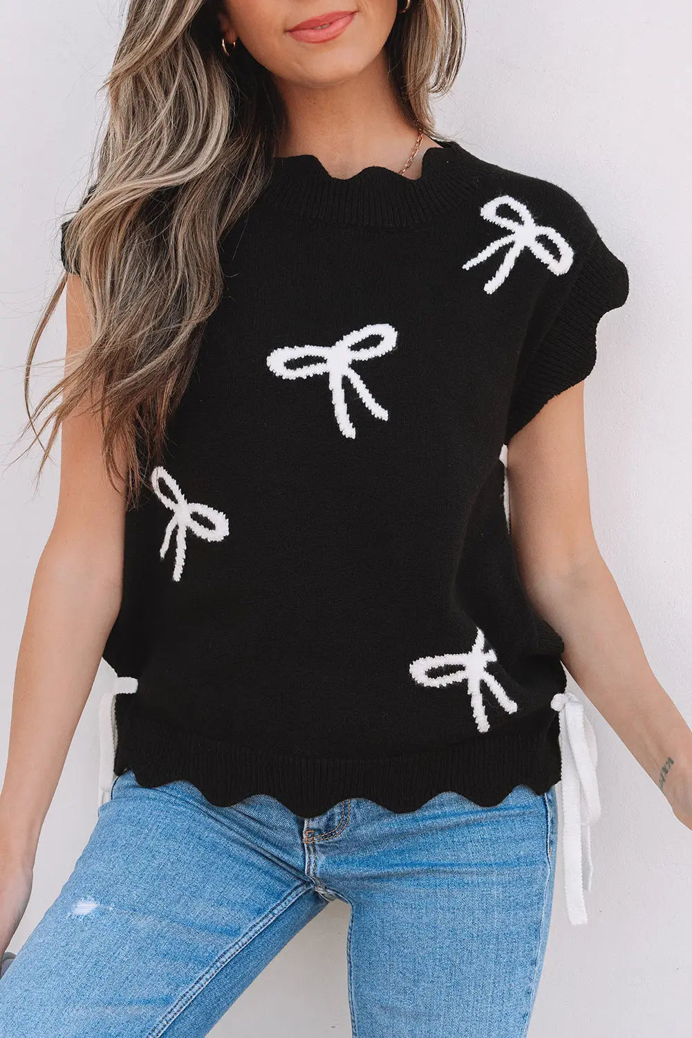Dayana Bow Print Side Ties Sweater Top Threaded Pear