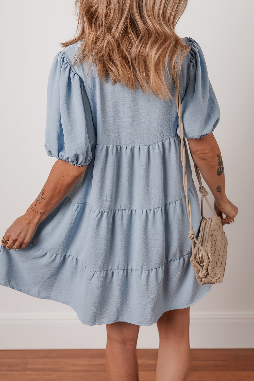Arya Shirt Collar Button Up Puff Sleeve Tiered Dress Threaded Pear