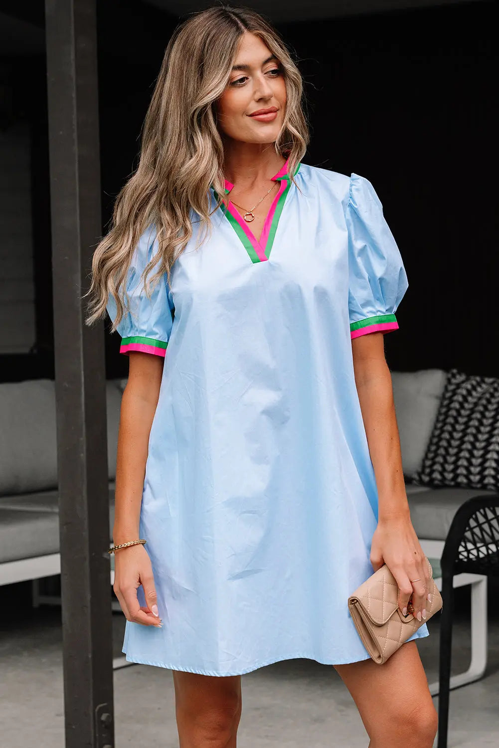 Lily Striped Notched V Neck Puff Sleeve Mini Dress Threaded Pear