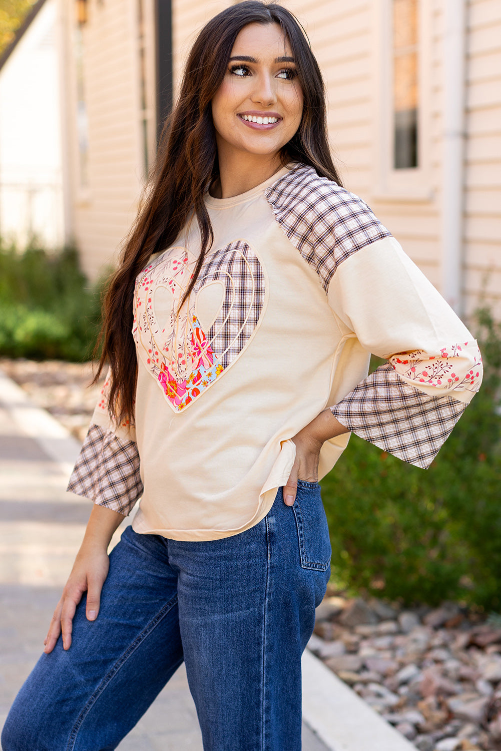 Emilia Plaid Floral Peace Heart Long Sleeve Top Threaded Pear
