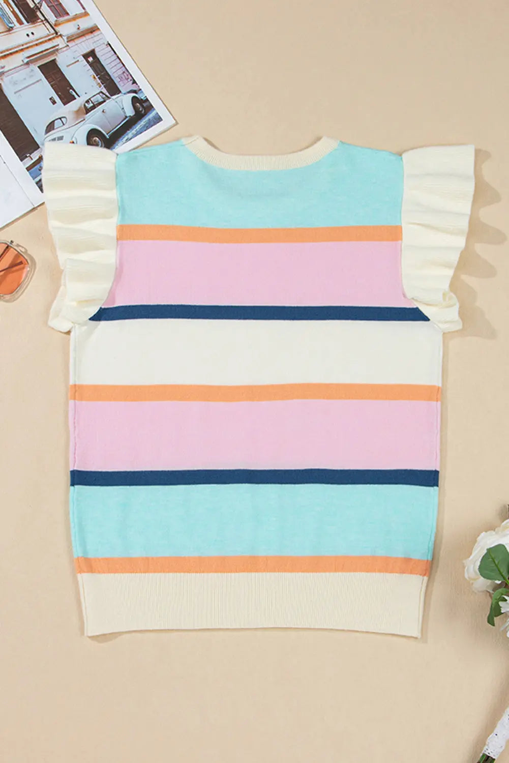 Yasmin Striped Flutter Sleeve Patchwork Top Threaded Pear