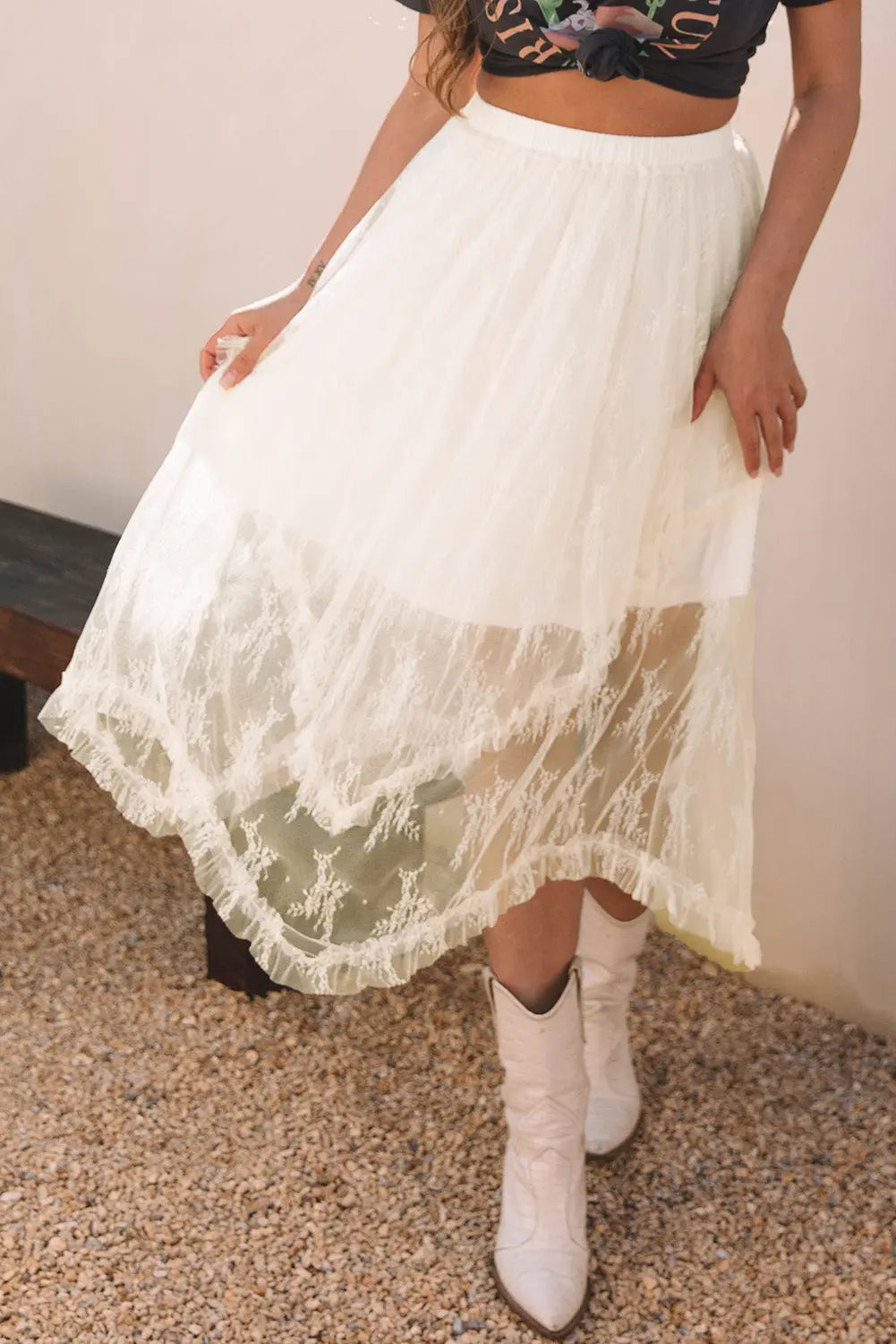 Aliza Lace Cascading Tiered High Waist Maxi Skirt Threaded Pear