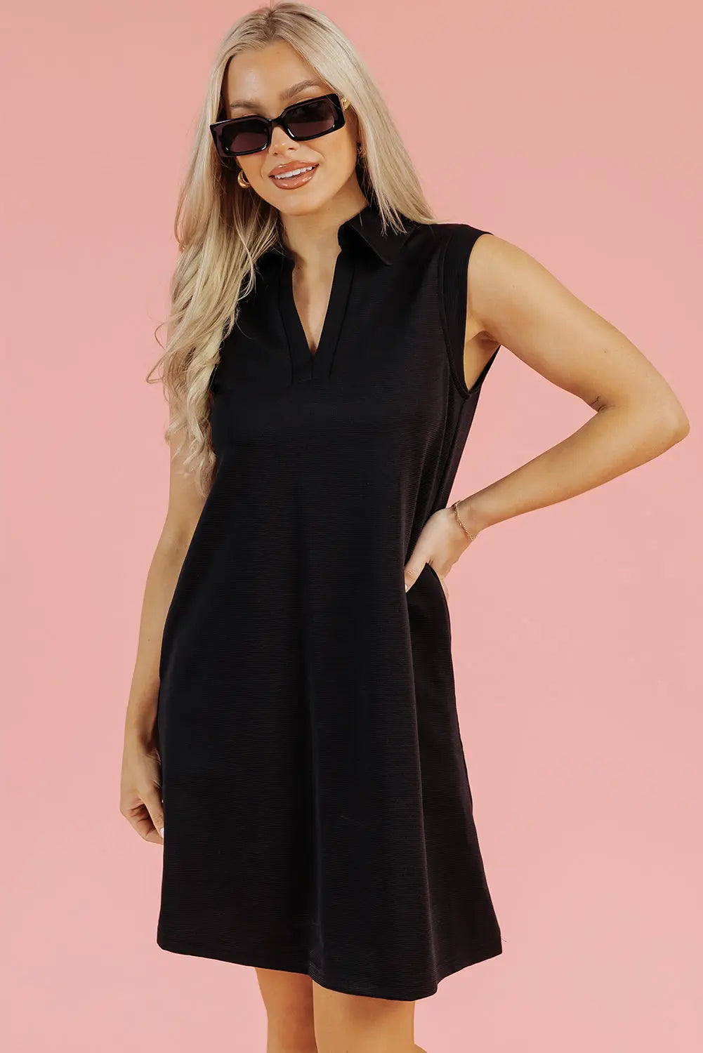 Kyla Collared Slit Neck Sleeveless Mini Dress Threaded Pear