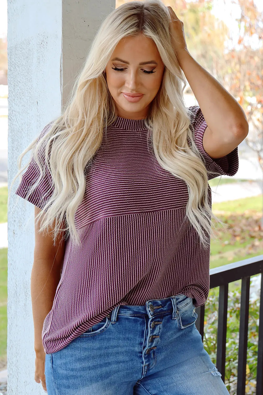 Alessandra Plain Corded Knit Mock Neck T Shirt Threaded Pear