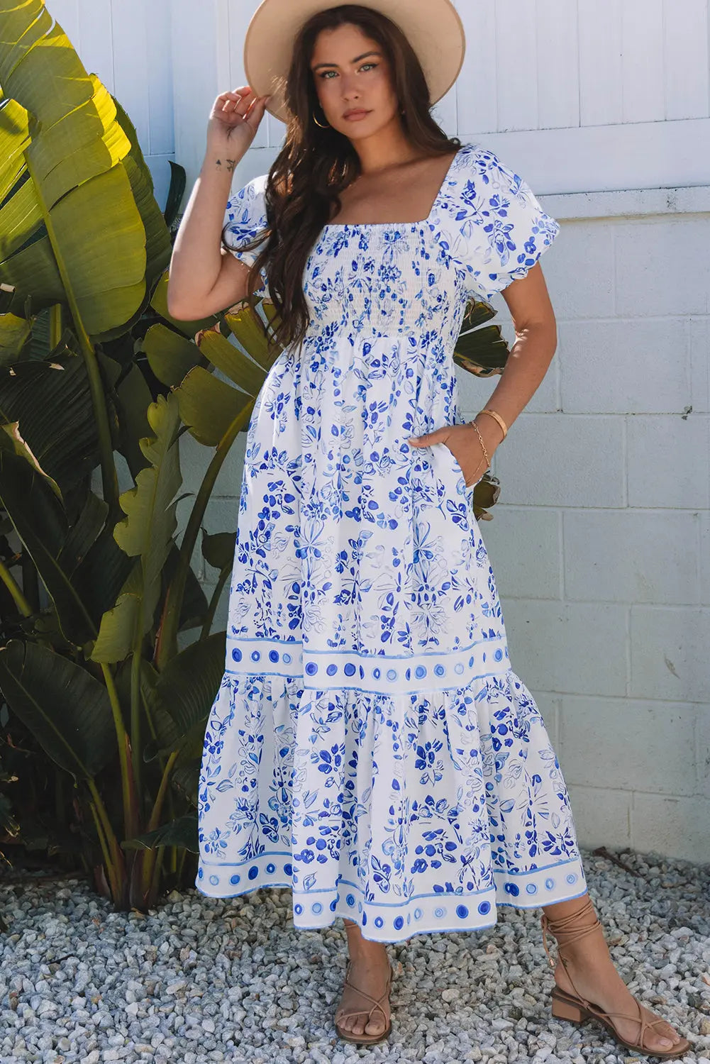 Lea Floral Square Neck Maxi Dress Threaded Pear