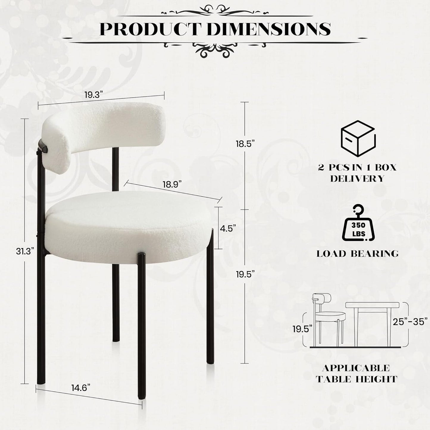 Dining Chairs Set of 4, White Boucle Dining Chair with Curved Backrest ShipItFurniture