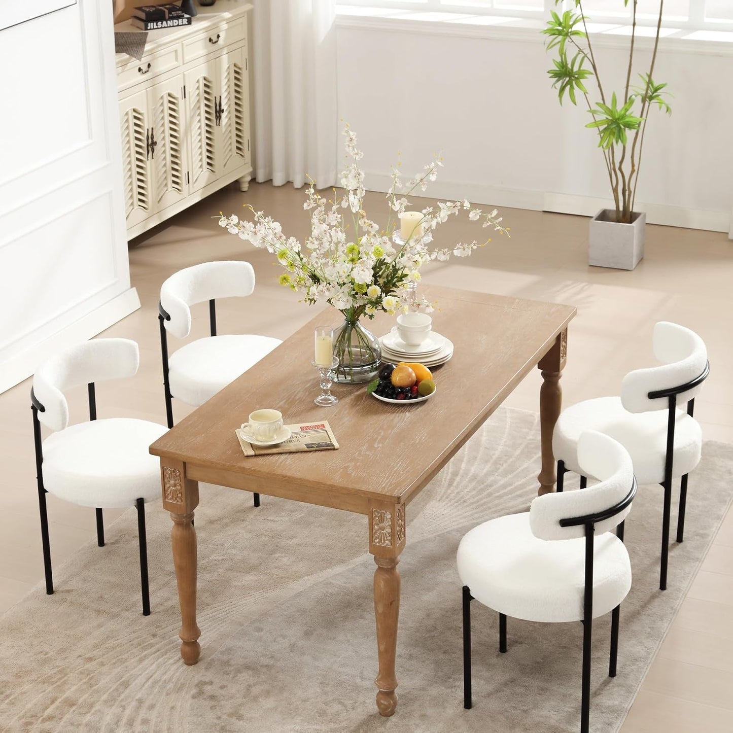 Dining Chairs Set of 4, White Boucle Dining Chair with Curved Backrest ShipItFurniture