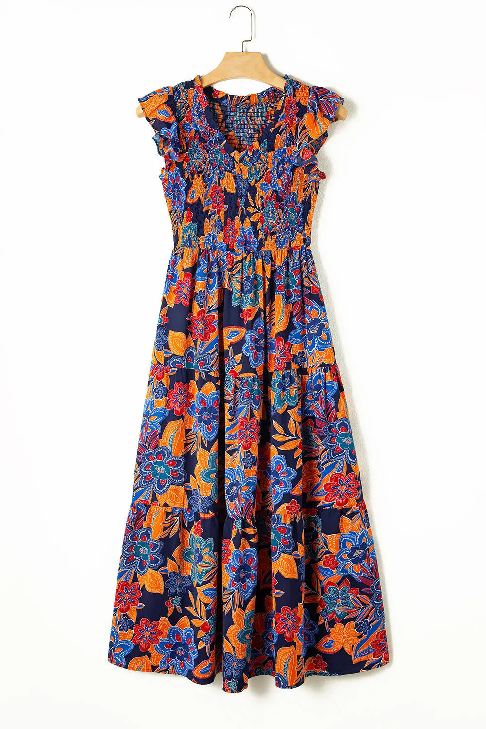 Kamari Boho Floral V Neck Ruffle Tiered Long Dress Threaded Pear