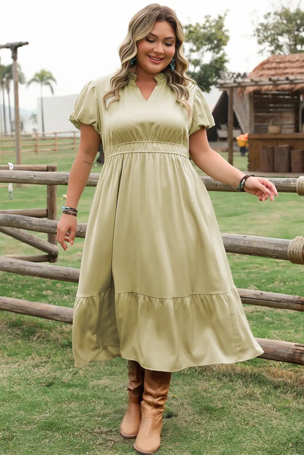 Leia Plus Size Notched V Neck Maxi Dress Threaded Pear