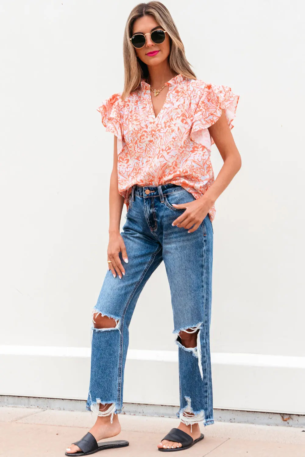 Nancy Floral Ruffle Sleeve Split Neck Blouse Threaded Pear