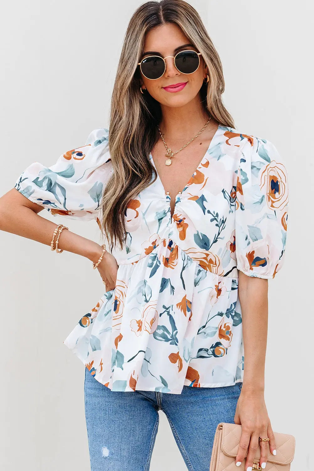 Salome Floral Puff Sleeve V Neck Babydoll Blouse Threaded Pear
