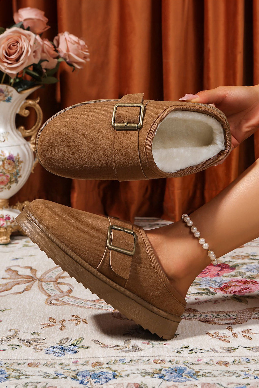 Jasmine Faux Suede Buckle Strap Detail Winter Slippers Threaded Pear