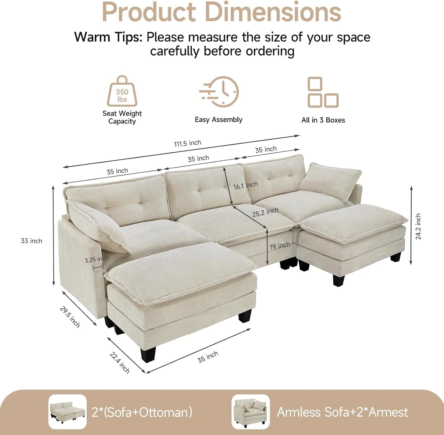 Comfy Modular Sectional Sofa With Movable Ottomans ShipItFurniture