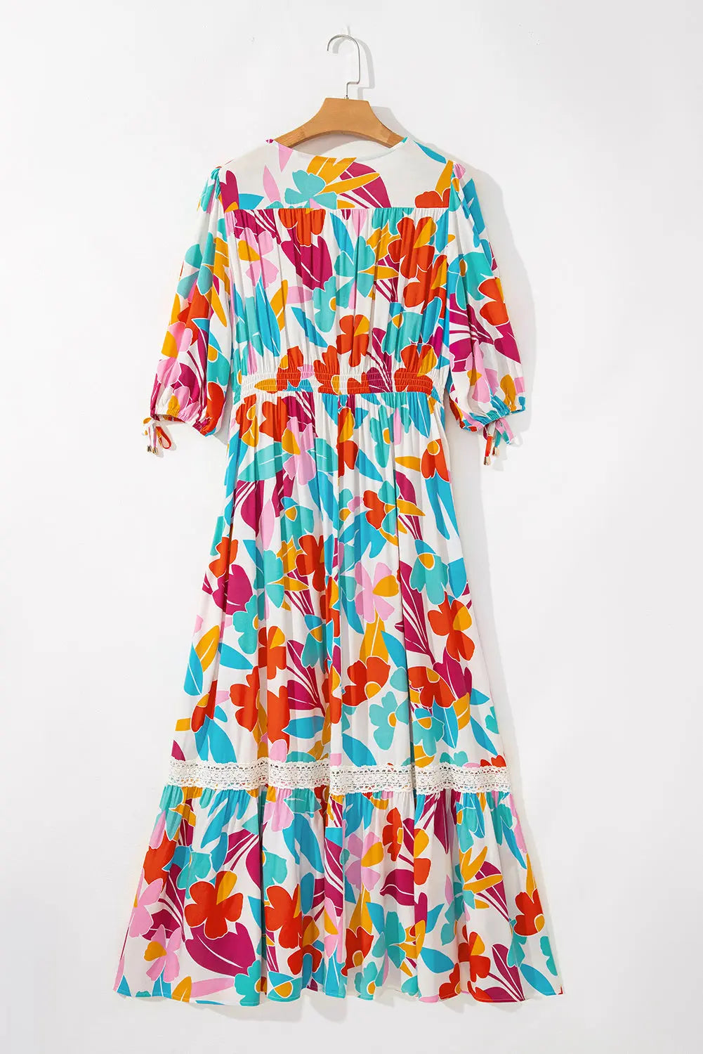 Sky Floral Knot Puff Sleeve Buttoned Front Maxi Dress Threaded Pear