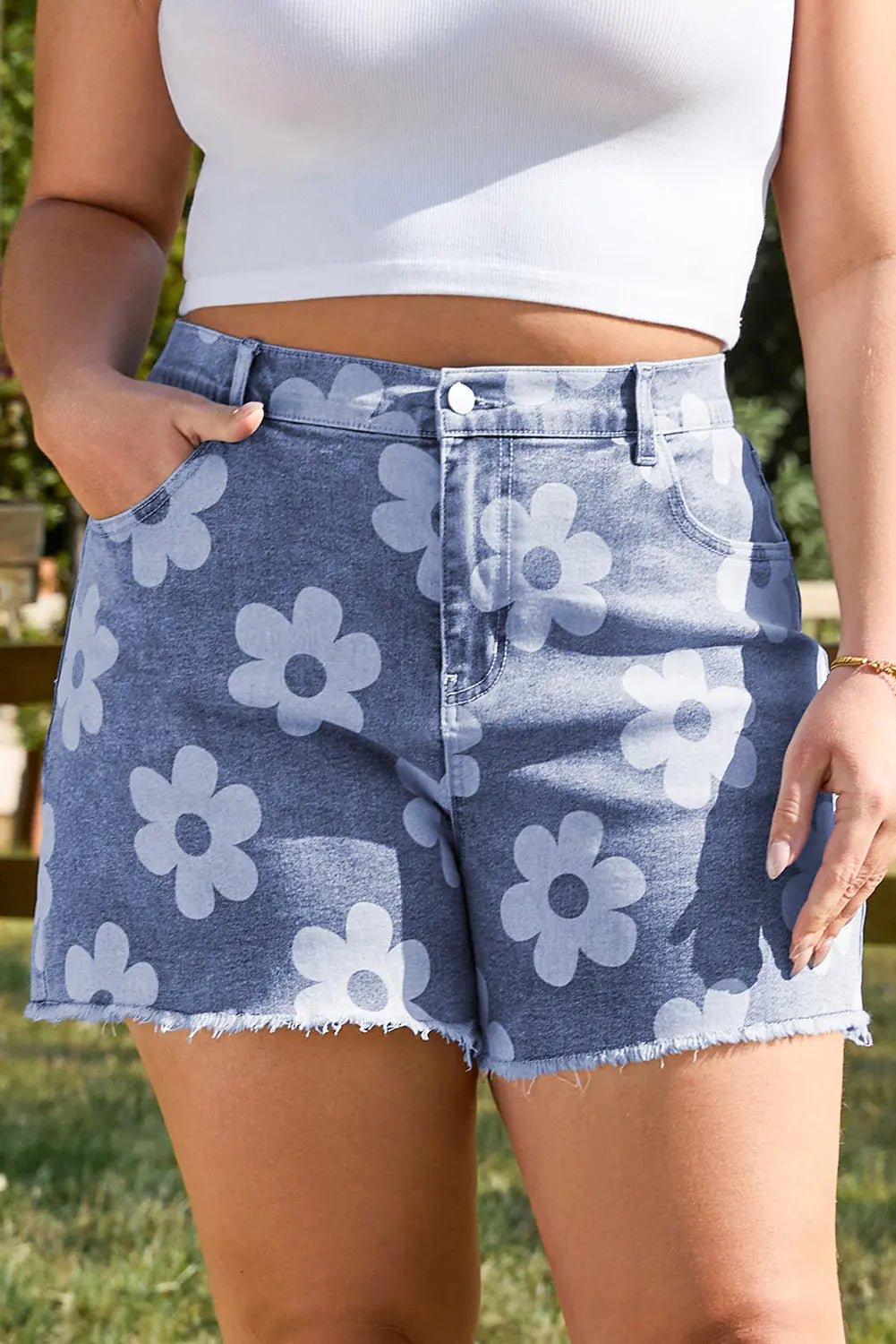 Shiloh Plus Size Floral Pattern Denim Shorts Threaded Pear