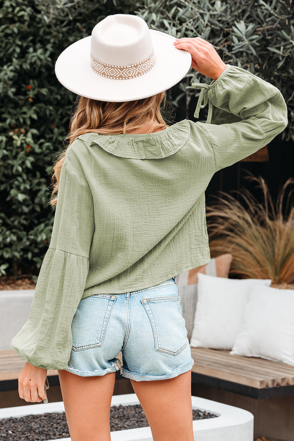 Natalia Bow Tie Front Ruffle Trim Long Sleeve Gauze Blouse - Get it from Bo