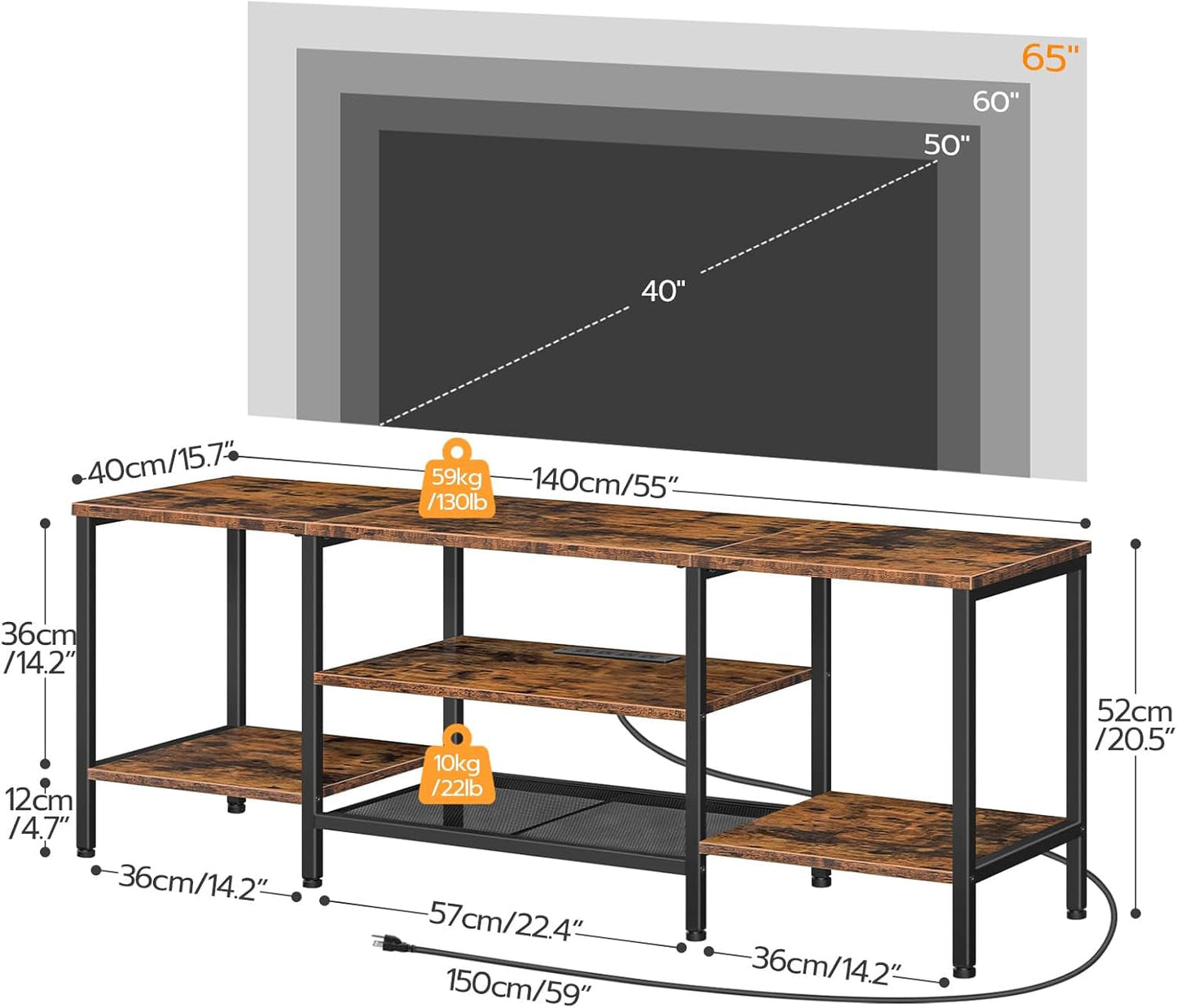 TV Stand With Power Outlets For 65 Inch TV Open Shelves