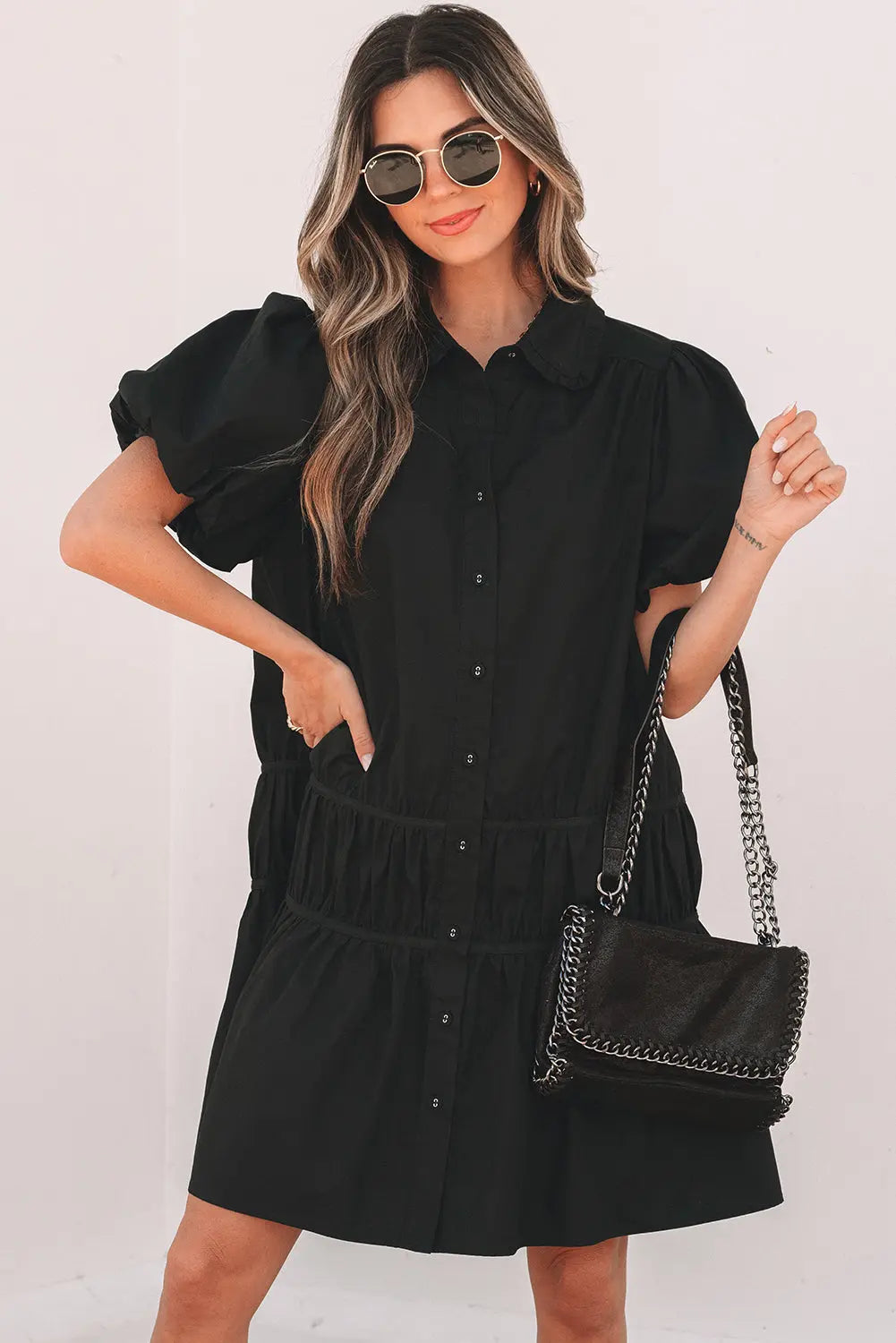 Cassidy Button Down Puff Sleeve Ruffle Hem Dress Threaded Pear