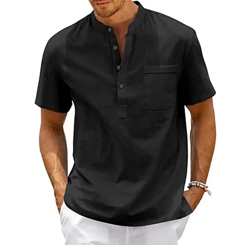 Men's Cotton Linen Shirt Henley Neck Pocket Streetwear Get it from Bo