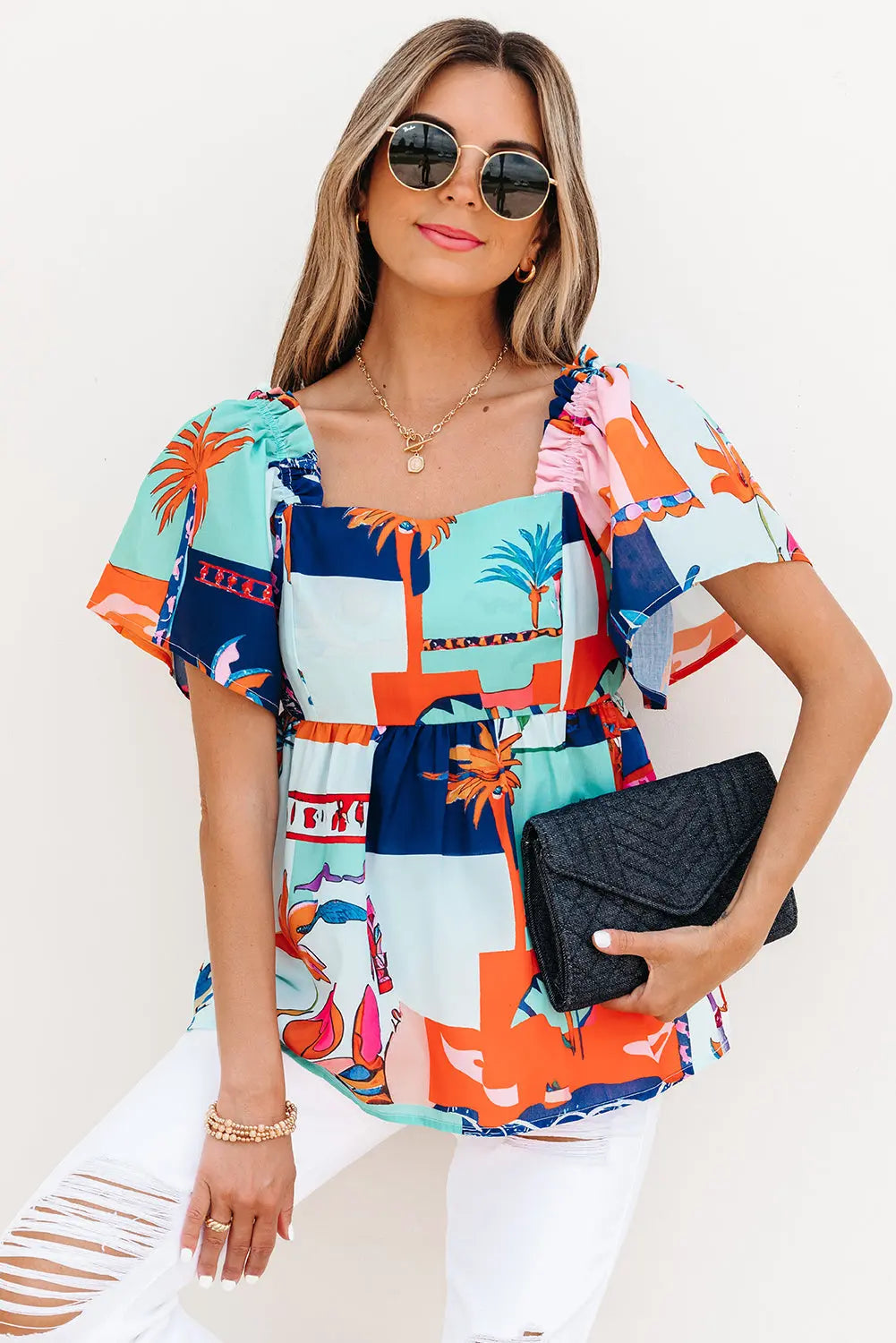 Payton Tropical Flutter Sleeve Babydoll Blouse Threaded Pear