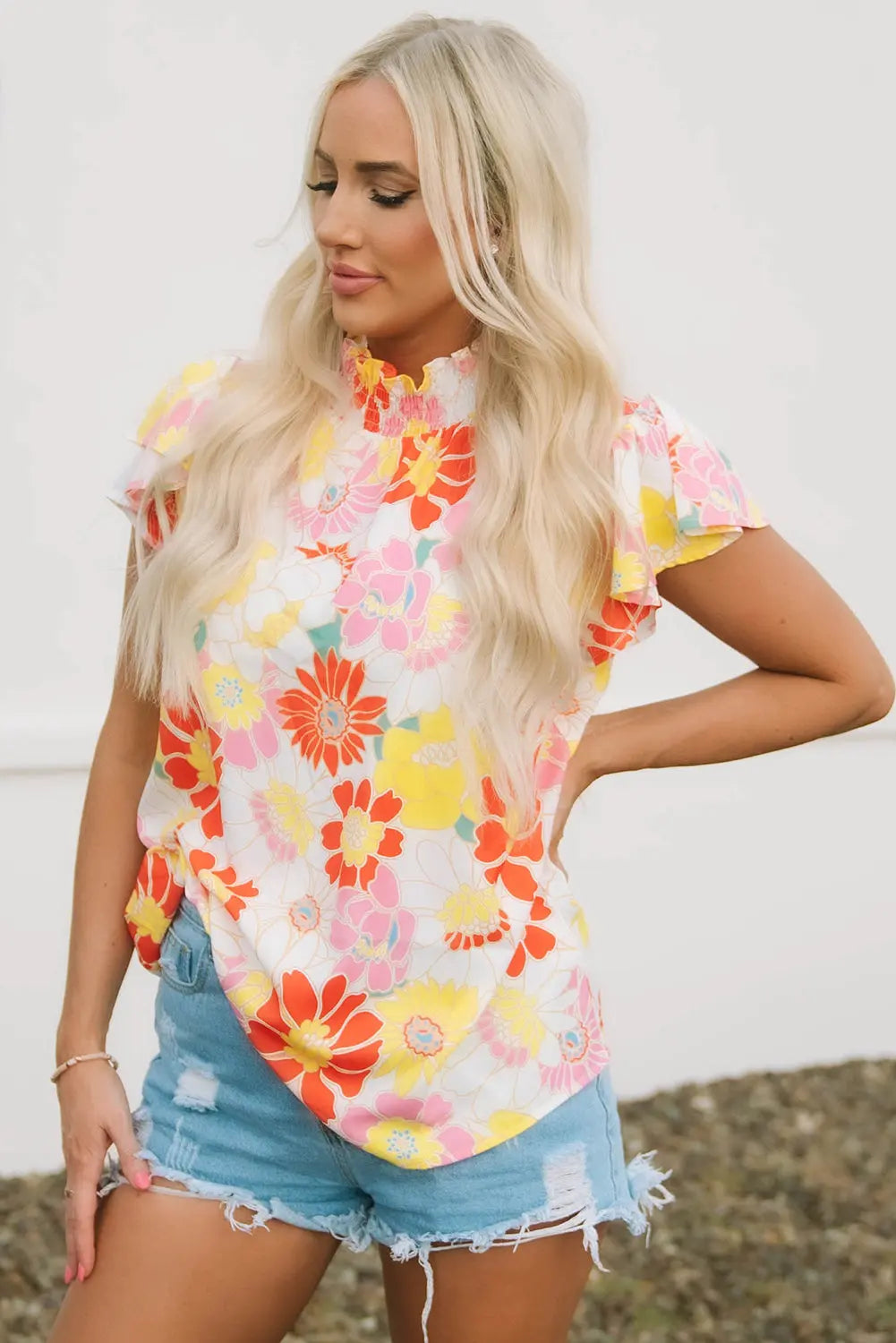 Judith Multicolor Flutter Sleeves Floral Blouse Threaded Pear