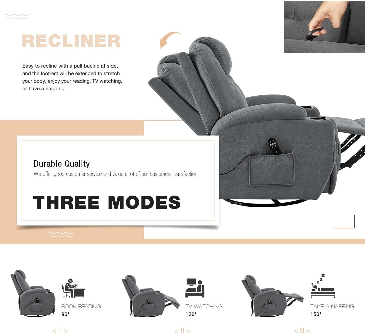 Gray Massaging Recliner With Cupholders Extendable Footrest ShipItFurniture