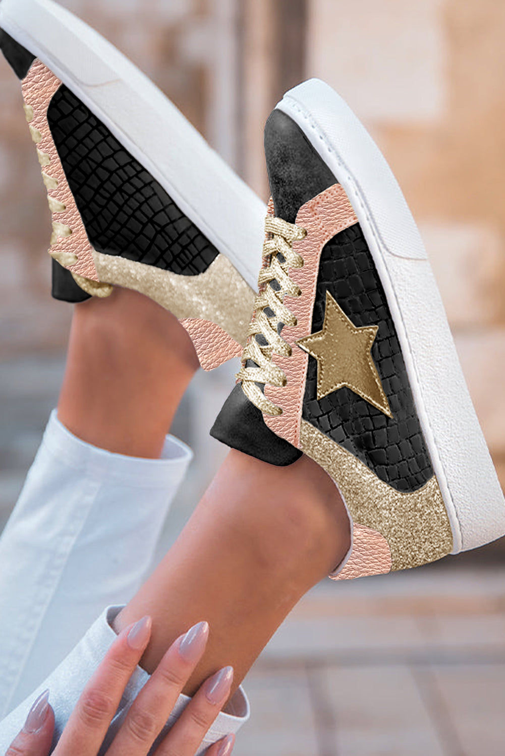 Clare Gold Glitter Star Lace-up Sneakers Threaded Pear