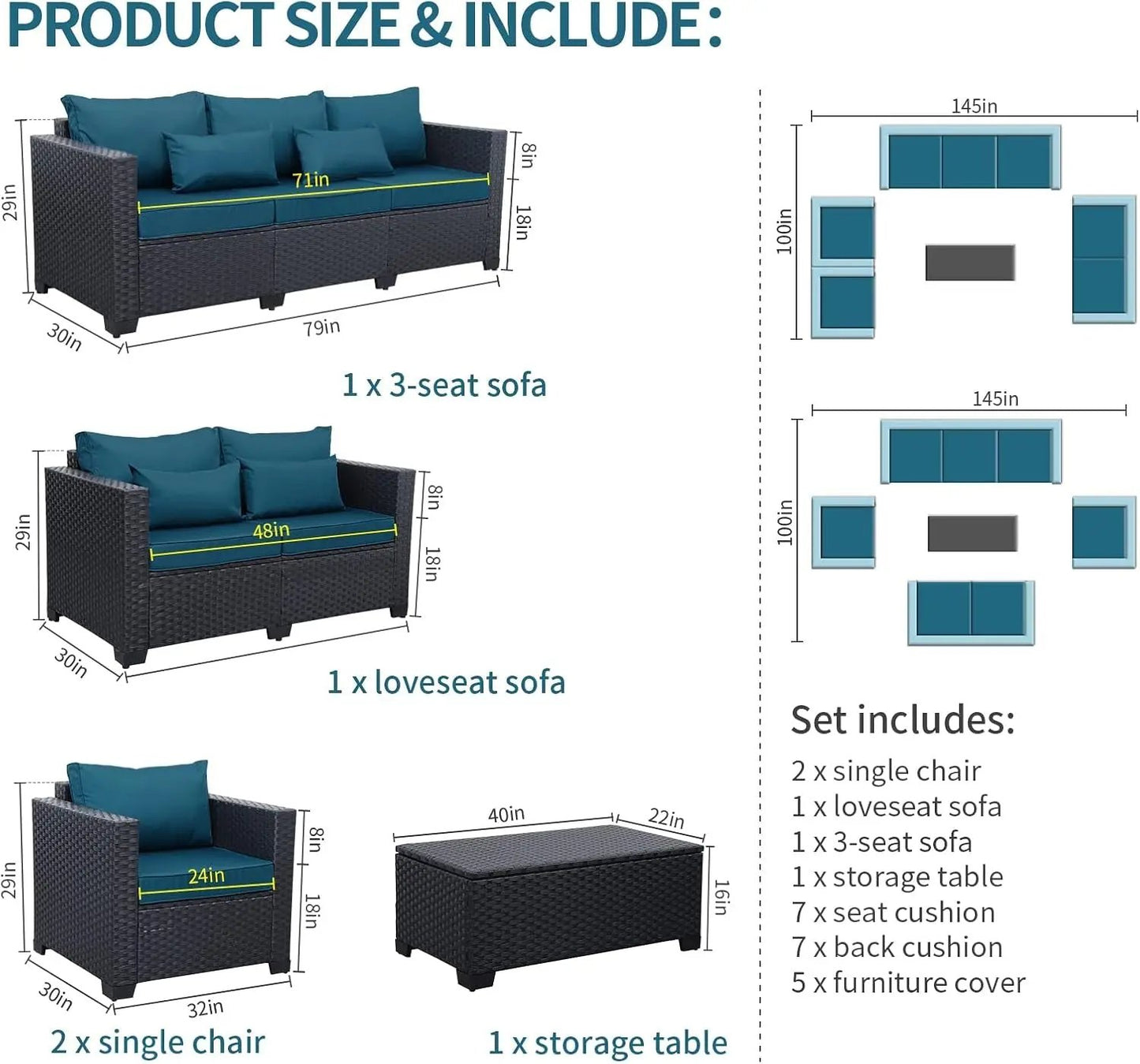 Patio Furniture Set 5 Pieces Outdoor Furniture Sets Patio Couch Outdoor Chairs Coffee Table Peacock Blue Anti-Slip Cushions and Waterproof Covers-4