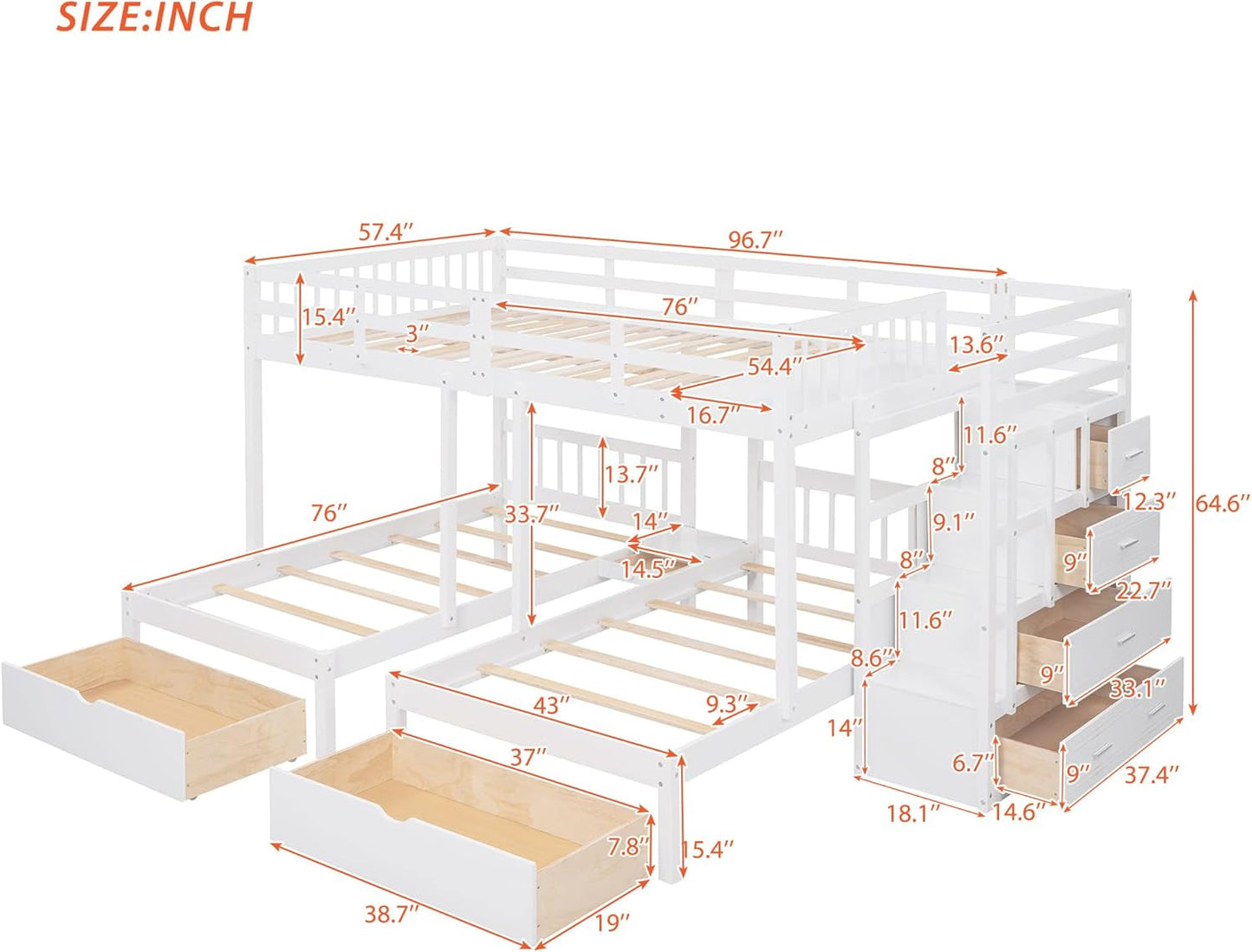 Triple Bunk Beds with Drawers, Wood Full over Twin & Twin Bunk Bed with Storage Staircase, Triple Bed for Kids,3 Bed Bunk Beds with Storage for Girls Boys,White ShipItFurniture