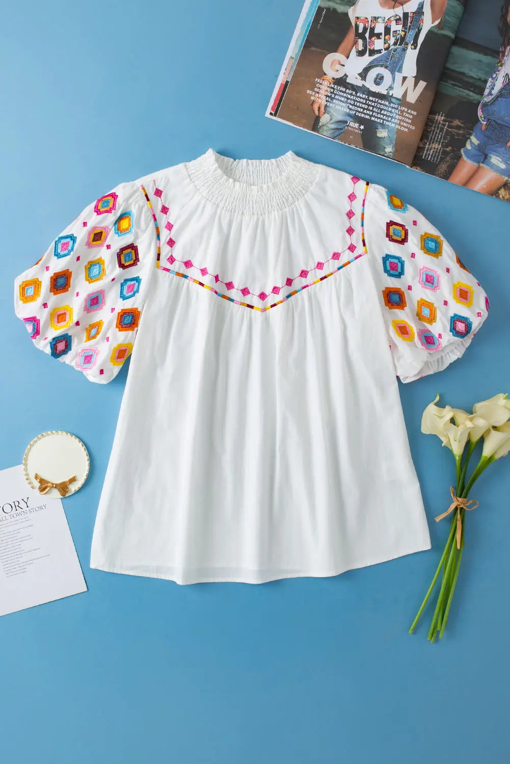 Khaleesi Embroidered Smocked Neck Puff Sleeve Top Threaded Pear