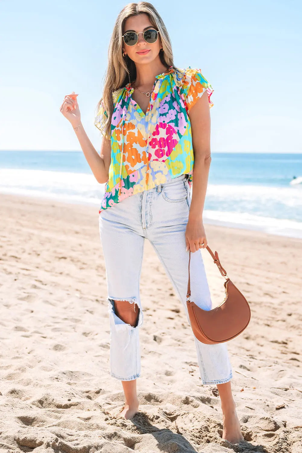 Rosa Flutter Sleeve V Neck Crinkled Blouse Threaded Pear