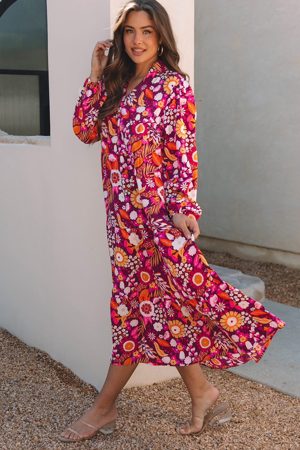 Alina Collared Tiered Long Dress Threaded Pear