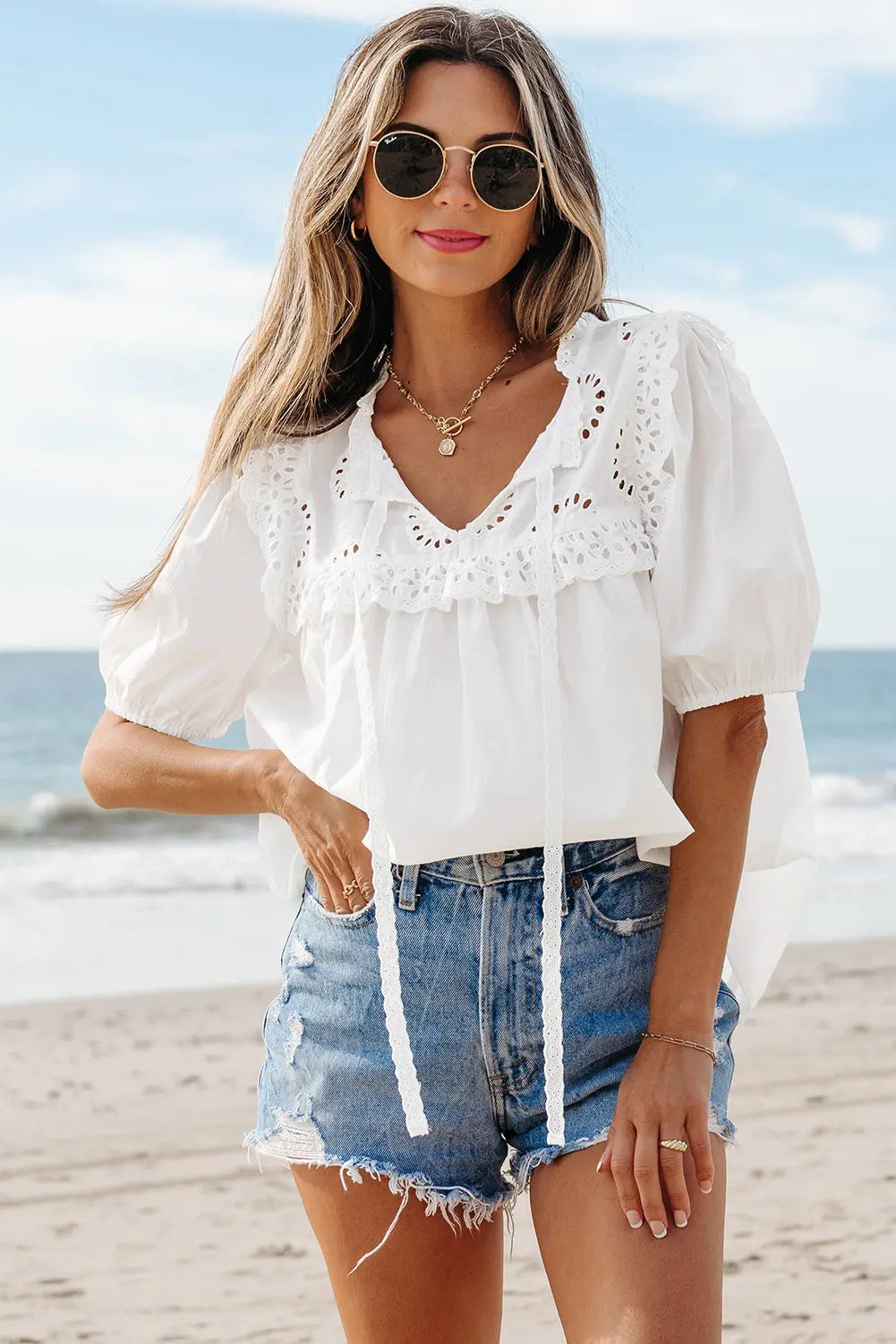 Ivory Embroidered Lace Tie Blouse Threaded Pear
