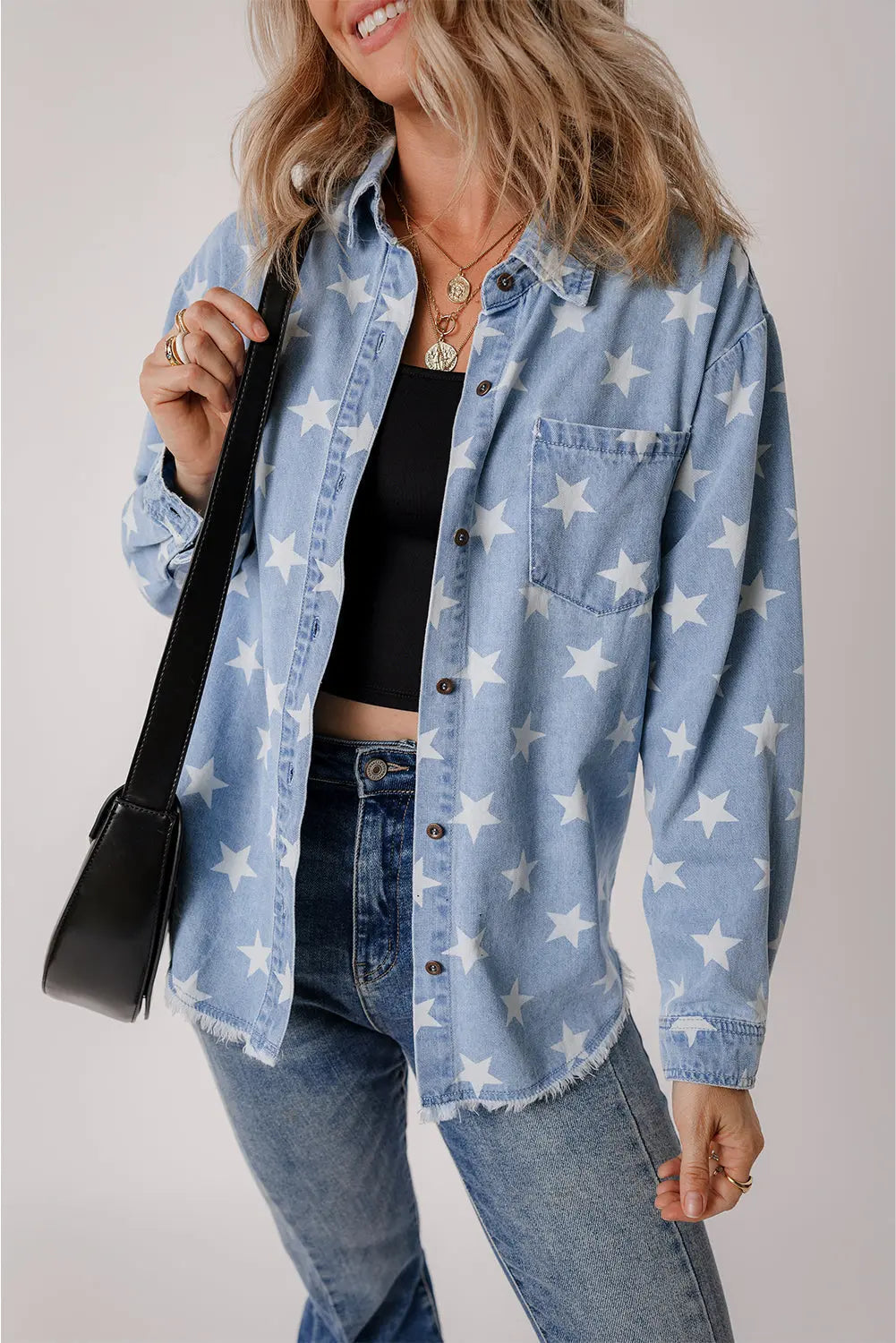 Star Light Wash Raw Hem Denim Jacket Threaded Pear
