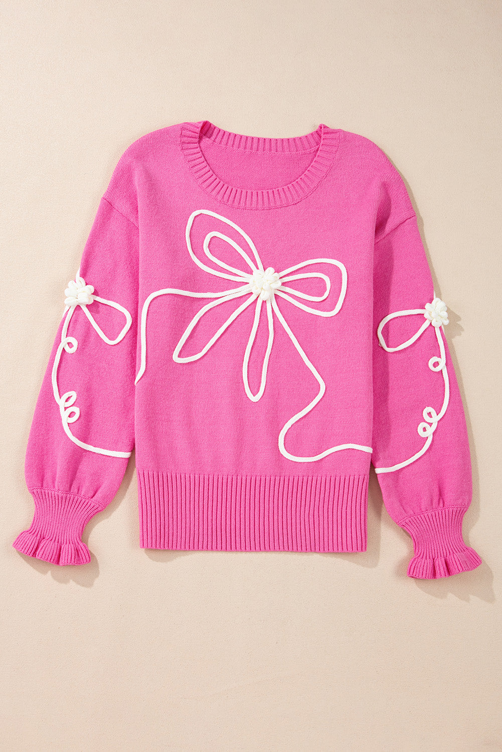 Corded Flower Bow Ribbed Trim Casual Sweater Threaded Pear