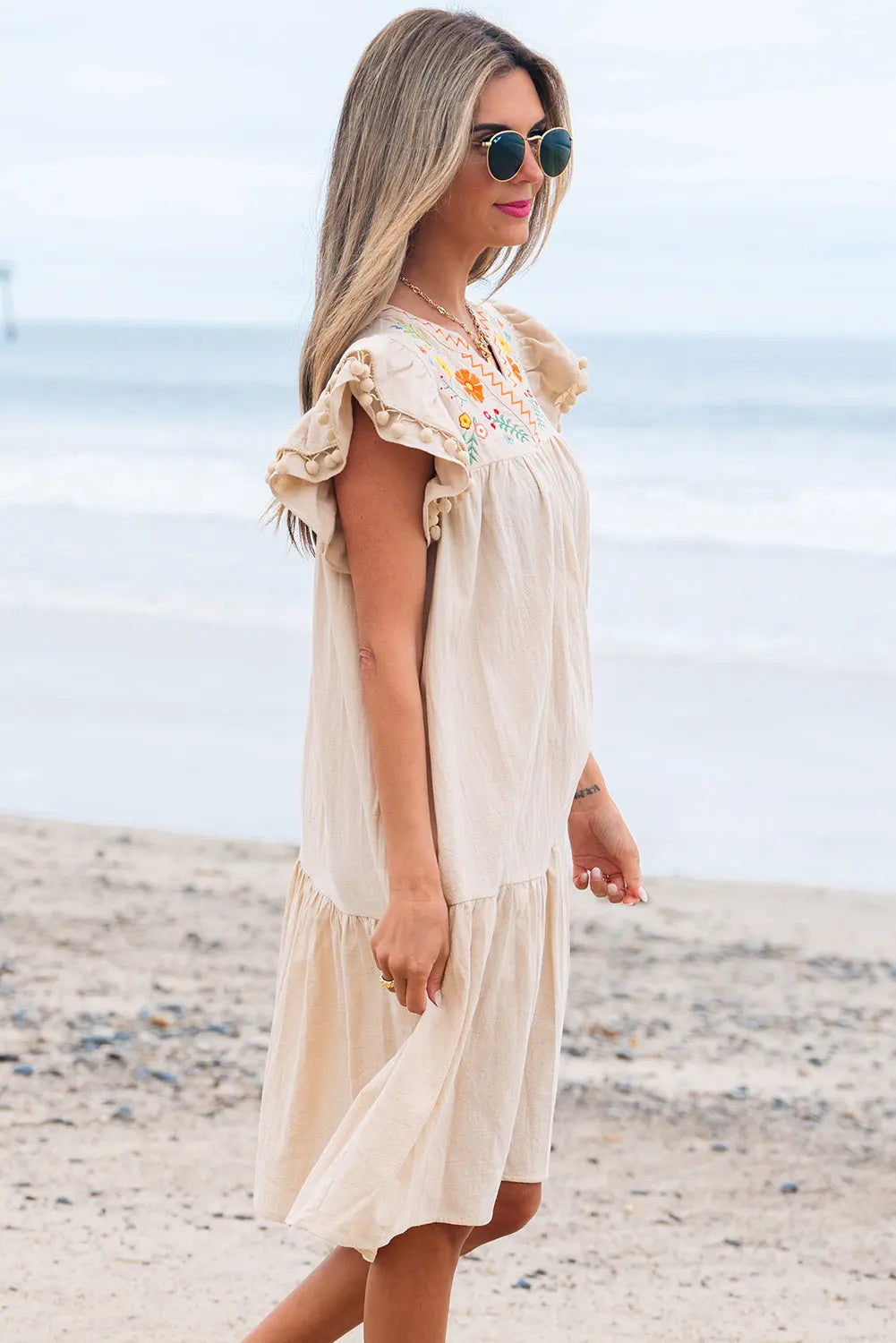 Meredith Embroidery Split Neck Short Dress Threaded Pear
